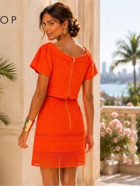 Topshop Lace Overlay Mod Mini Dress,Tangerine,Retro 1950s Cocktail US 6 Size 6